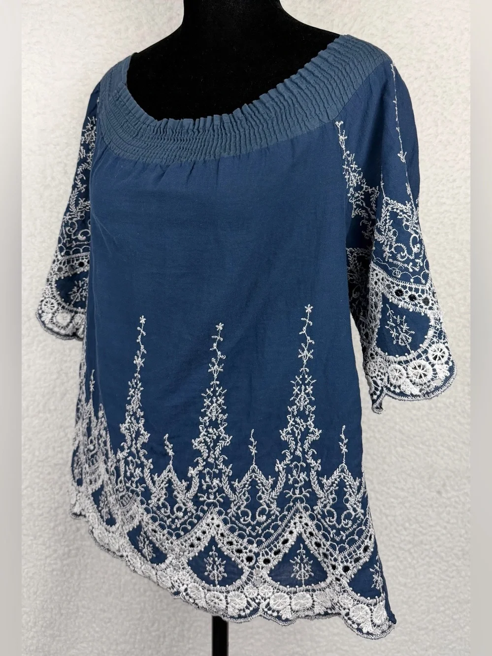 Navy Blue/White Embroidered Boho Smocked-Neck Peasant Blouse, M - Picture 4 of 10